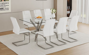 English Elm Table Set for 8 Transparent Tempered Glass Top Silver Metal Legs Modern Dining White + Silver W1151S03973