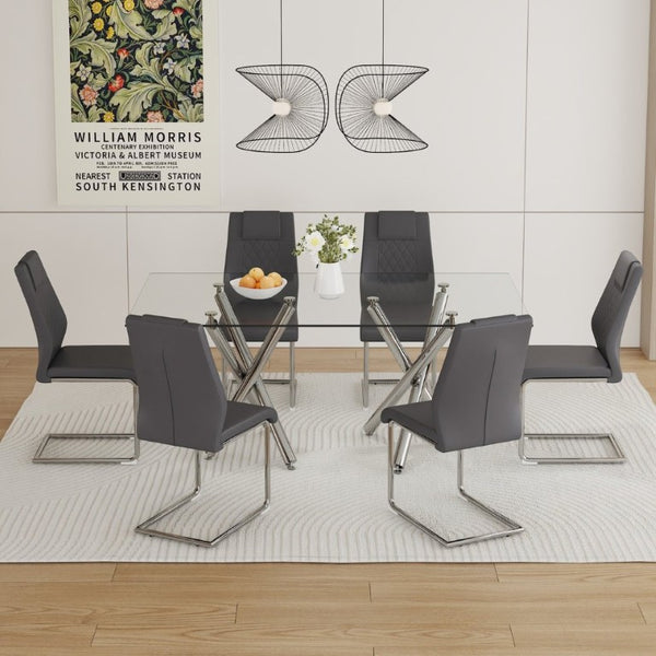 English Elm Table and Chair Set 71 Inch Tempered Glass Dining for Six with Silver Fork Legs Dark Gray + Silver W1151S03974