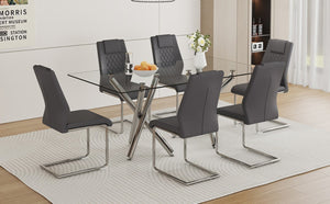 English Elm Table and Chair Set 71 Inch Tempered Glass Dining for Six with Silver Fork Legs Dark Gray + Silver W1151S03974