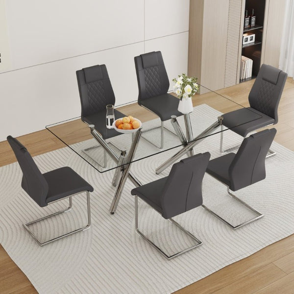 English Elm Table and Chair Set 71 Inch Tempered Glass Dining for Six with Silver Fork Legs Dark Gray + Silver W1151S03974