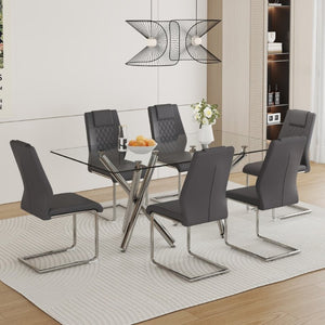 English Elm Table and Chair Set 71 Inch Tempered Glass Dining for Six with Silver Fork Legs Dark Gray + Silver W1151S03974
