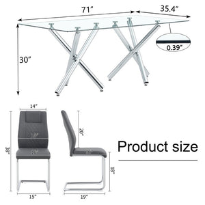 English Elm Table and Chair Set 71 Inch Tempered Glass Dining for Six with Silver Fork Legs Dark Gray + Silver W1151S03974