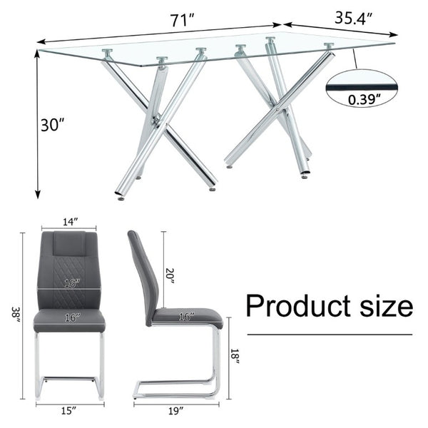 English Elm Table and Chair Set 71 Inch Tempered Glass Dining for Six with Silver Fork Legs Dark Gray + Silver W1151S03974