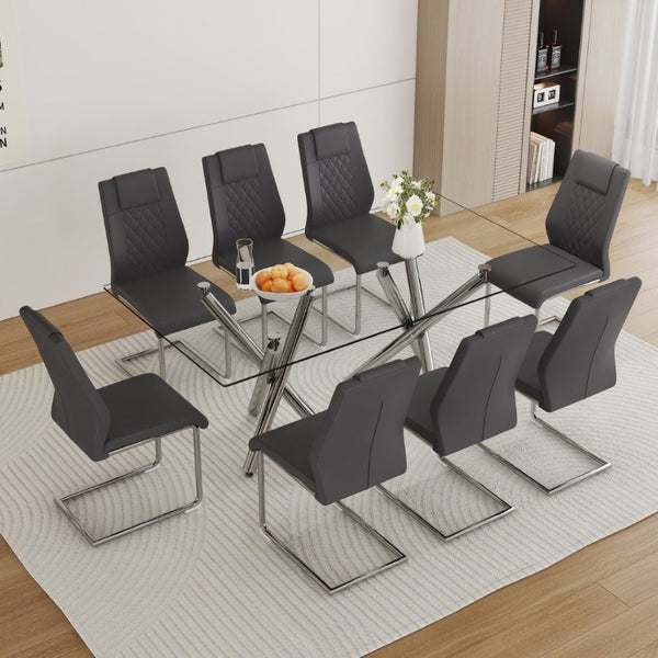 English Elm Table Set for 8 Transparent Tempered Glass Top Silver Metal Legs Modern Dining Dark Gray + Silver W1151S03975