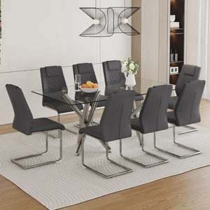 English Elm Table Set for 8 Transparent Tempered Glass Top Silver Metal Legs Modern Dining Dark Gray + Silver W1151S03975