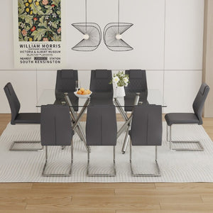 English Elm Table Set for 8 Transparent Tempered Glass Top Silver Metal Legs Modern Dining Dark Gray + Silver W1151S03975