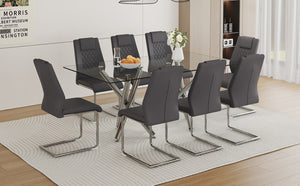 English Elm Table Set for 8 Transparent Tempered Glass Top Silver Metal Legs Modern Dining Dark Gray + Silver W1151S03975