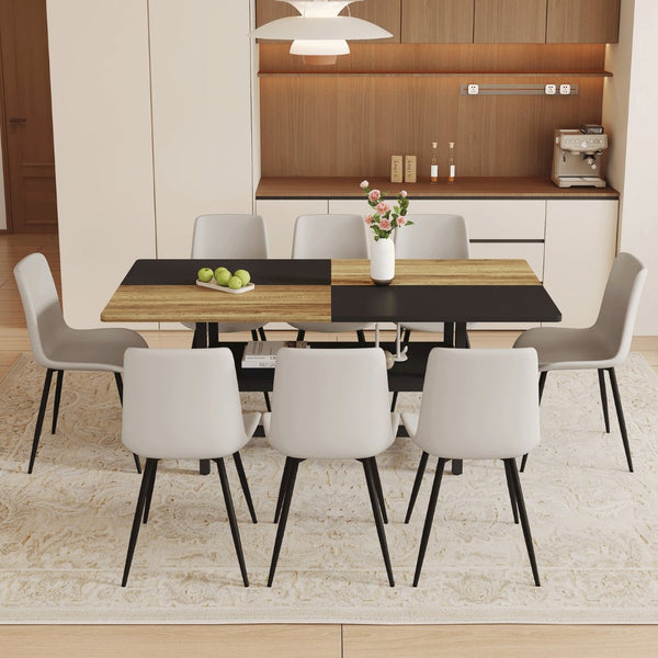 English Elm Table and Chair Set 9 Piece Mdf Spliced Top with Storage Shelf for Modern Dining Black, Light Gray, Wood W1151S03994