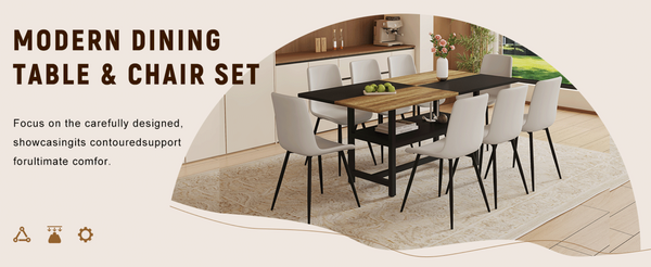 English Elm Table and Chair Set 9 Piece Mdf Spliced Top with Storage Shelf for Modern Dining Black, Light Gray, Wood W1151S03994