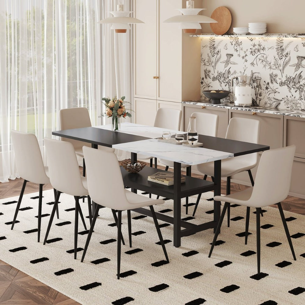 English Elm Table and Chair Set 9 Piece Mdf Spliced Top with Storage Shelf for Modern Dining Warm Grey, White+Black W1151S03995