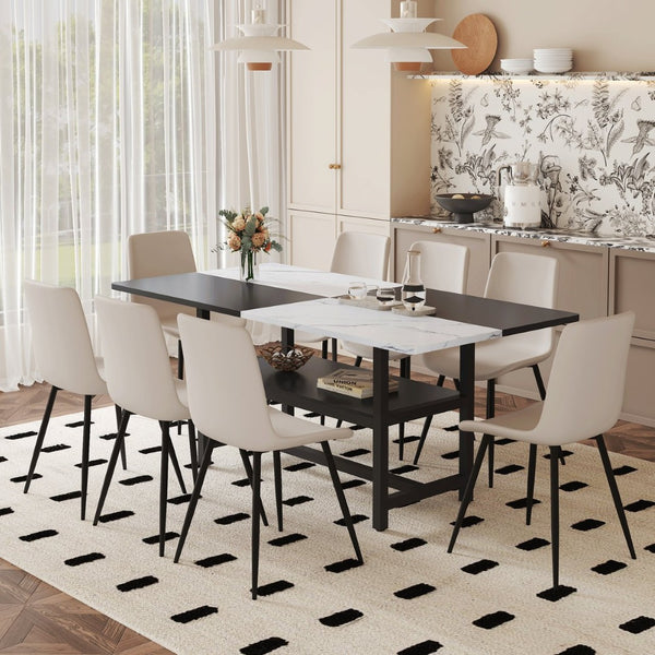 English Elm Table and Chair Set 9 Piece Mdf Spliced Top with Storage Shelf for Modern Dining Warm Grey, White+Black W1151S03995