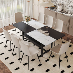 English Elm Table and Chair Set 9 Piece Mdf Spliced Top with Storage Shelf for Modern Dining Warm Grey, White+Black W1151S03995