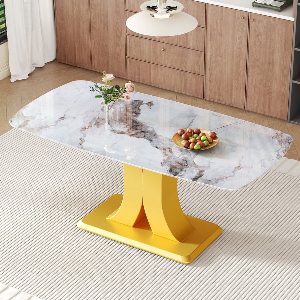 English Elm A Marble Glass Rectangular Dining Table with Gold Mdf Legs Seats Six in Style W1151S03998