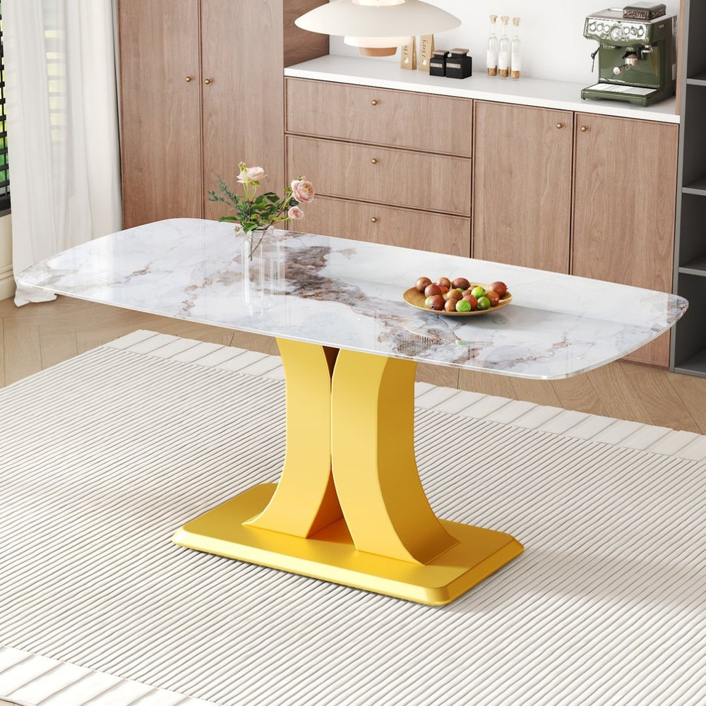 English Elm A Marble Glass Rectangular Dining Table with Gold Mdf Legs Seats Six in Style W1151S03998