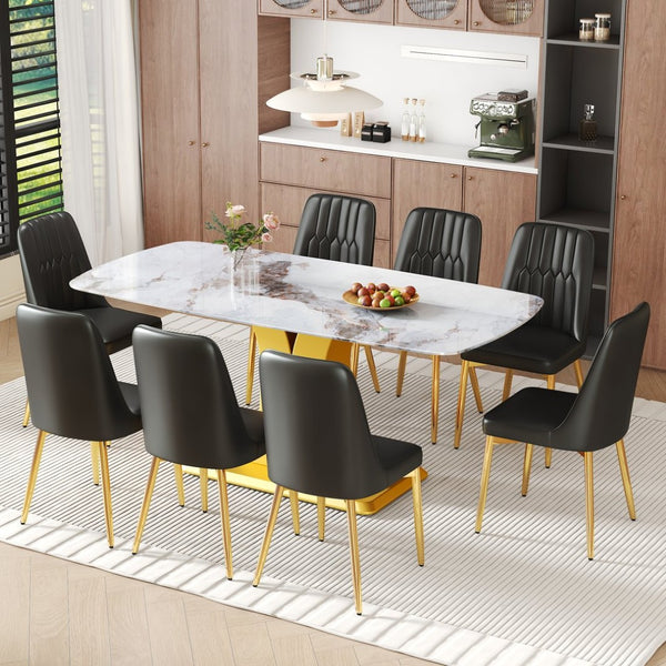 English Elm Table and Chair Set 9 Piece Marble Glass Dining with Pu Leather Seats Glam Style W1151S04005