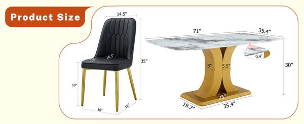 English Elm Table and Chair Set 9 Piece Marble Glass Dining with Pu Leather Seats Glam Style W1151S04005