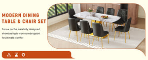 English Elm Table and Chair Set 9 Piece Marble Glass Dining with Pu Leather Seats Glam Style W1151S04005