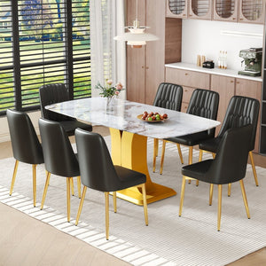 English Elm Table and Chair Set 9 Piece Marble Glass Dining with Pu Leather Seats Glam Style W1151S04005