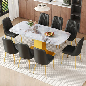 English Elm Table and Chair Set 9 Piece Marble Glass Dining with Pu Leather Seats Glam Style W1151S04005
