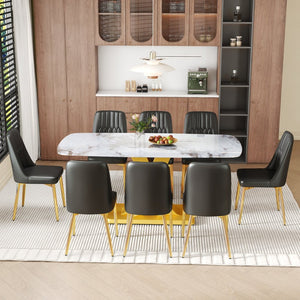 English Elm Table and Chair Set 9 Piece Marble Glass Dining with Pu Leather Seats Glam Style W1151S04005