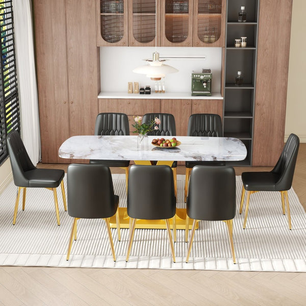 English Elm Table and Chair Set 9 Piece Marble Glass Dining with Pu Leather Seats Glam Style W1151S04005