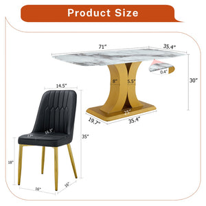 English Elm Table and Chair Set 9 Piece Marble Glass Dining with Pu Leather Seats Glam Style W1151S04005