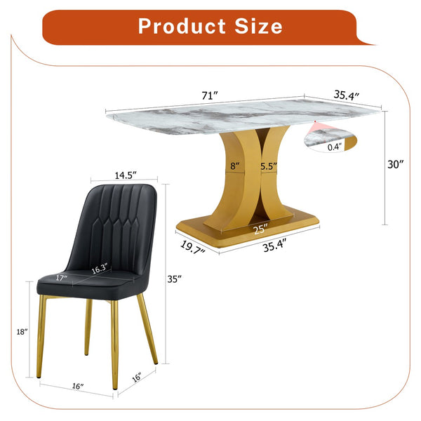 English Elm Table and Chair Set 9 Piece Marble Glass Dining with Pu Leather Seats Glam Style W1151S04005