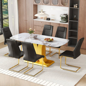 English Elm Table Set Marble Textured Glass Top Six Seater with Gold Leg Glam Dining Room Black+Gold W1151S04008