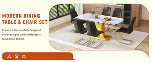 English Elm Table Set Marble Textured Glass Top Six Seater with Gold Leg Glam Dining Room Black+Gold W1151S04008