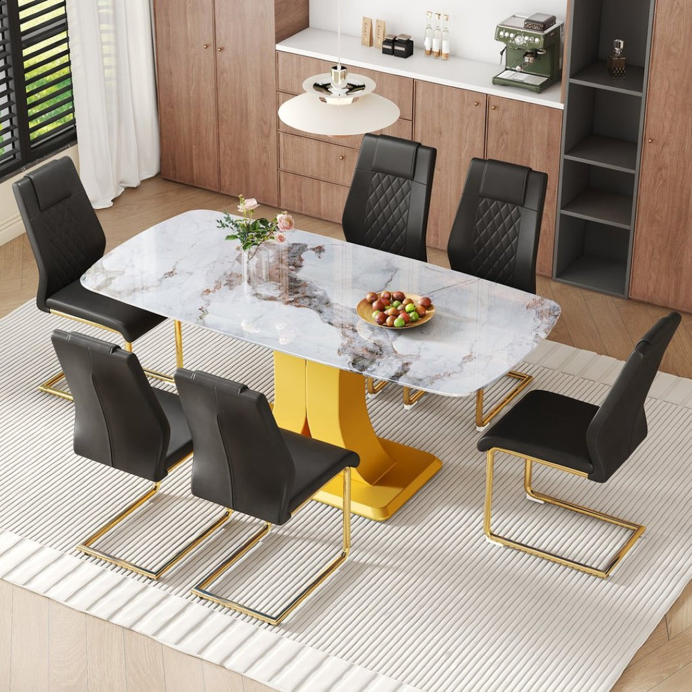 English Elm Table Set Marble Textured Glass Top Six Seater with Gold Leg Glam Dining Room Black+Gold W1151S04008