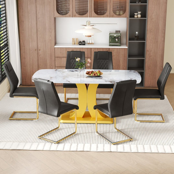 English Elm Table Set Marble Textured Glass Top Six Seater with Gold Leg Glam Dining Room Black+Gold W1151S04008