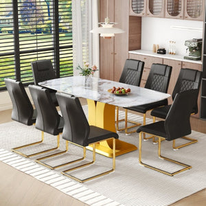 English Elm Table and Chair Set 71 Inch Marble Look Glass Top with 8 Black Gold Glam Seats W1151S04009