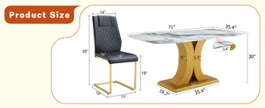 English Elm Table and Chair Set 71 Inch Marble Look Glass Top with 8 Black Gold Glam Seats W1151S04009
