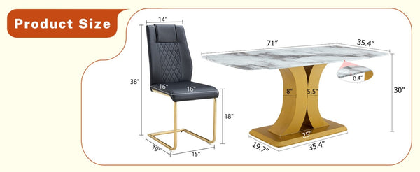 English Elm Table and Chair Set 71 Inch Marble Look Glass Top with 8 Black Gold Glam Seats W1151S04009
