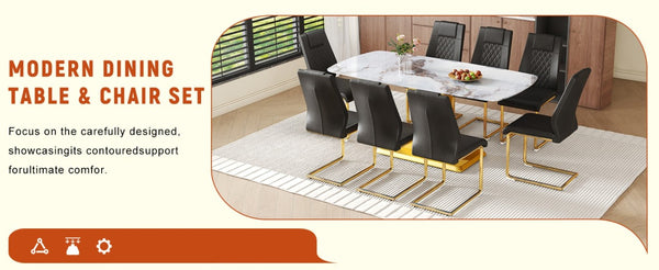 English Elm Table and Chair Set 71 Inch Marble Look Glass Top with 8 Black Gold Glam Seats W1151S04009