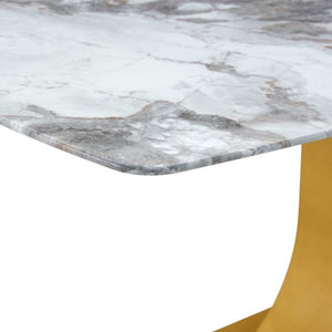English Elm Table and Chair Set 71 Inch Marble Look Glass Top with 8 Black Gold Glam Seats W1151S04009