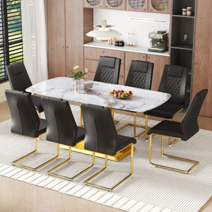 English Elm Table and Chair Set 71 Inch Marble Look Glass Top with 8 Black Gold Glam Seats W1151S04009