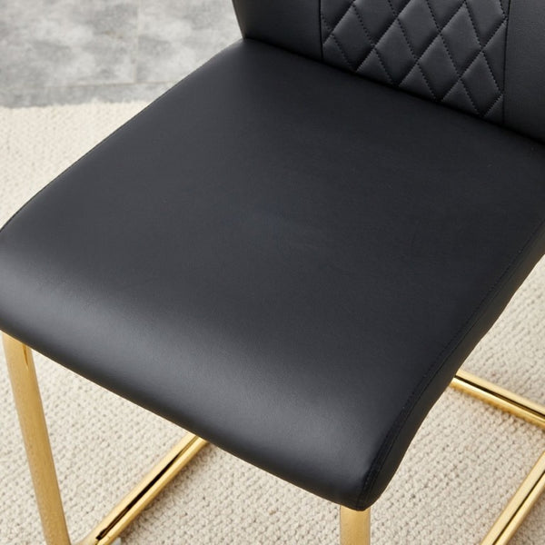 English Elm Table and Chair Set 71 Inch Marble Look Glass Top with 8 Black Gold Glam Seats W1151S04009