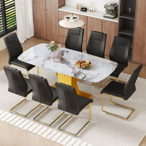 English Elm Table and Chair Set 71 Inch Marble Look Glass Top with 8 Black Gold Glam Seats W1151S04009