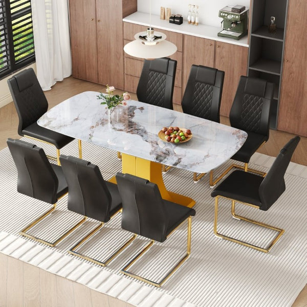 English Elm Table and Chair Set 71 Inch Marble Look Glass Top with 8 Black Gold Glam Seats W1151S04009