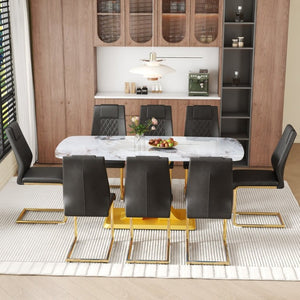 English Elm Table and Chair Set 71 Inch Marble Look Glass Top with 8 Black Gold Glam Seats W1151S04009