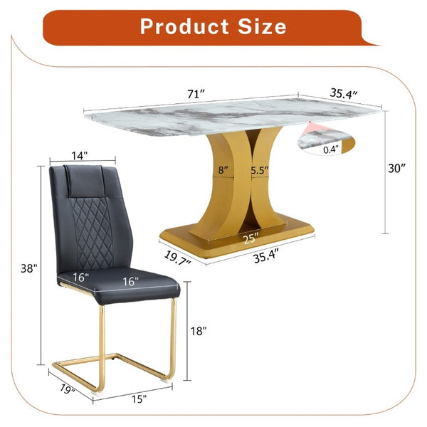English Elm Table and Chair Set 71 Inch Marble Look Glass Top with 8 Black Gold Glam Seats W1151S04009