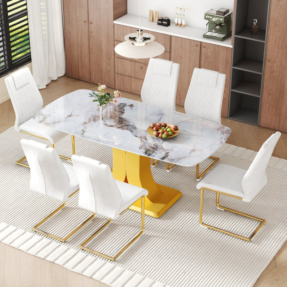 English Elm Table and Chair Set Glam Glass Top Marble Look with Gold Legs Six Seat Dining W1151S04010