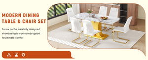 English Elm Table and Chair Set Glam Glass Top Marble Look with Gold Legs Six Seat Dining W1151S04010