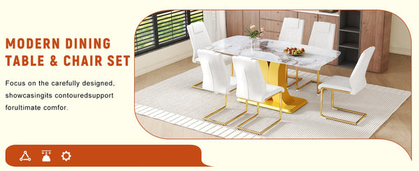 English Elm Table and Chair Set Glam Glass Top Marble Look with Gold Legs Six Seat Dining W1151S04010