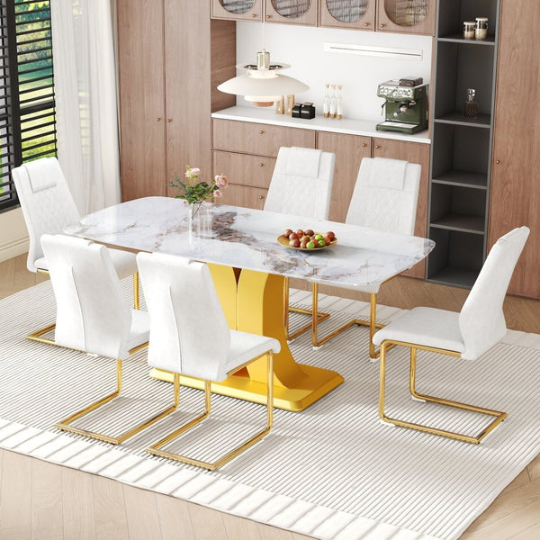 English Elm Table and Chair Set Glam Glass Top Marble Look with Gold Legs Six Seat Dining W1151S04010