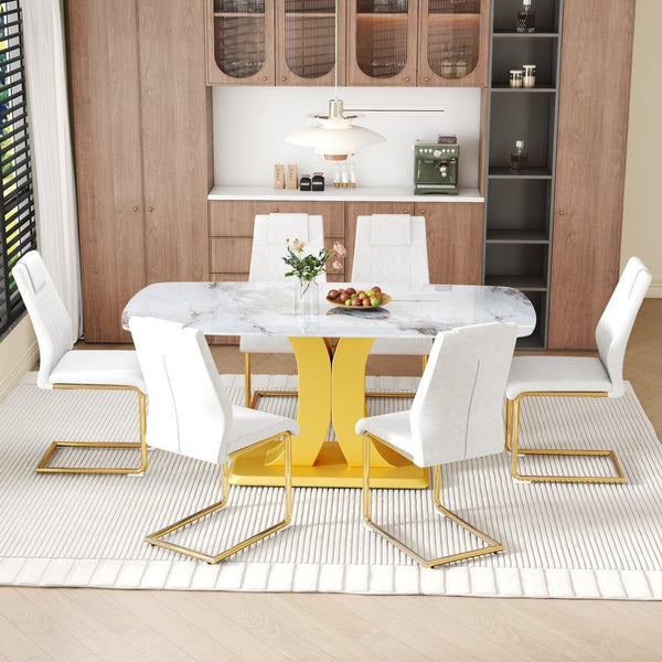 English Elm Table and Chair Set Glam Glass Top Marble Look with Gold Legs Six Seat Dining W1151S04010
