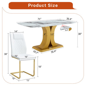 English Elm Table and Chair Set Glam Glass Top Marble Look with Gold Legs Six Seat Dining W1151S04010