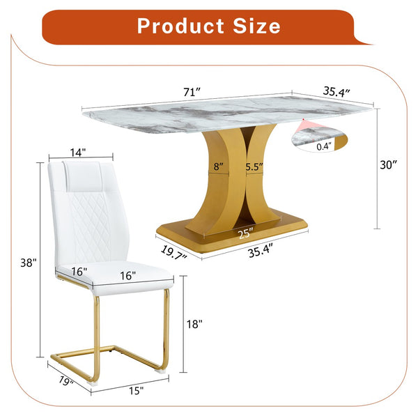 English Elm Table and Chair Set Glam Glass Top Marble Look with Gold Legs Six Seat Dining W1151S04010
