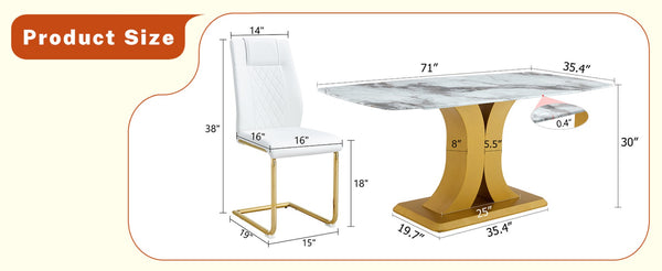 English Elm Table and Chair Set Glam Glass Top Marble Look with Gold Legs Six Seat Dining W1151S04010